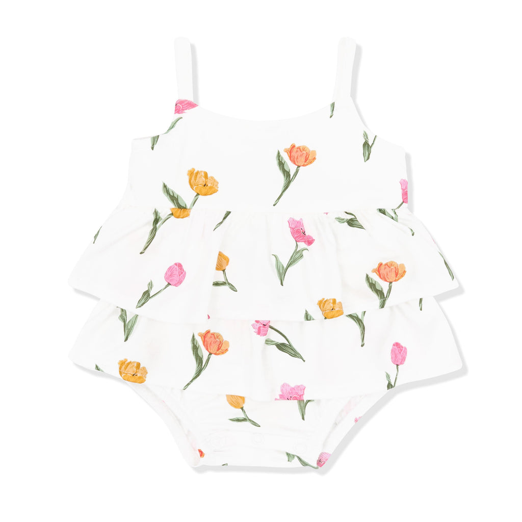 Spaghetti Strap Ruffle Romper in Tulip