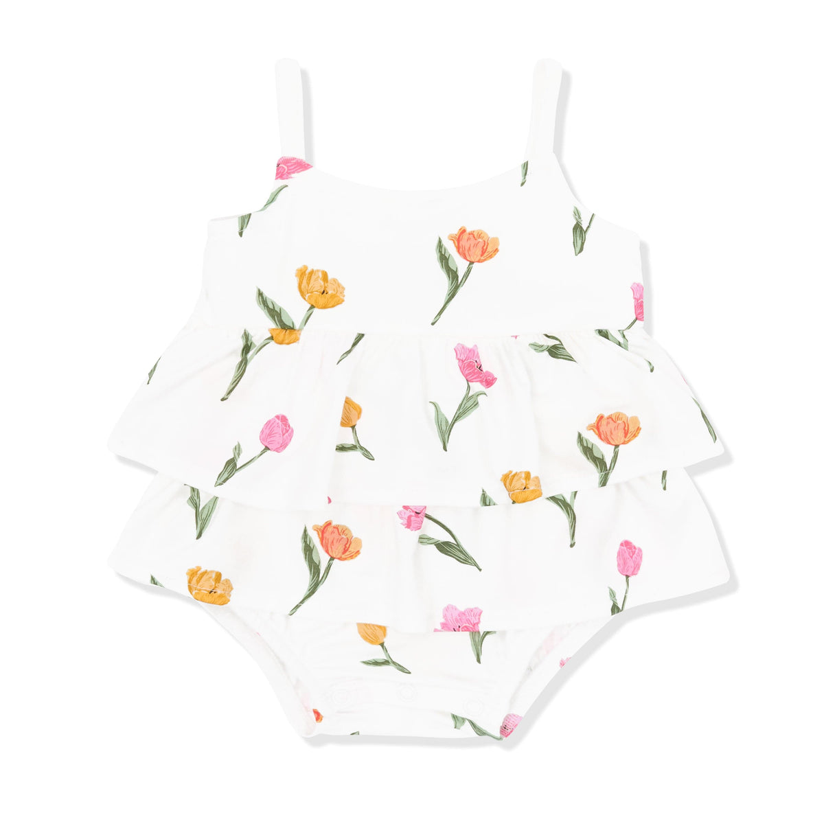 Spaghetti Strap Ruffle Romper in Tulip