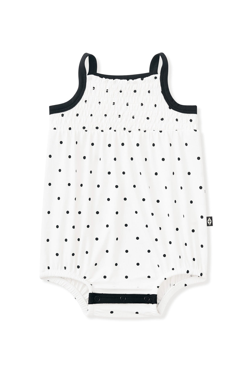 Smocked Bubble Romper in Midnight Polka Dot