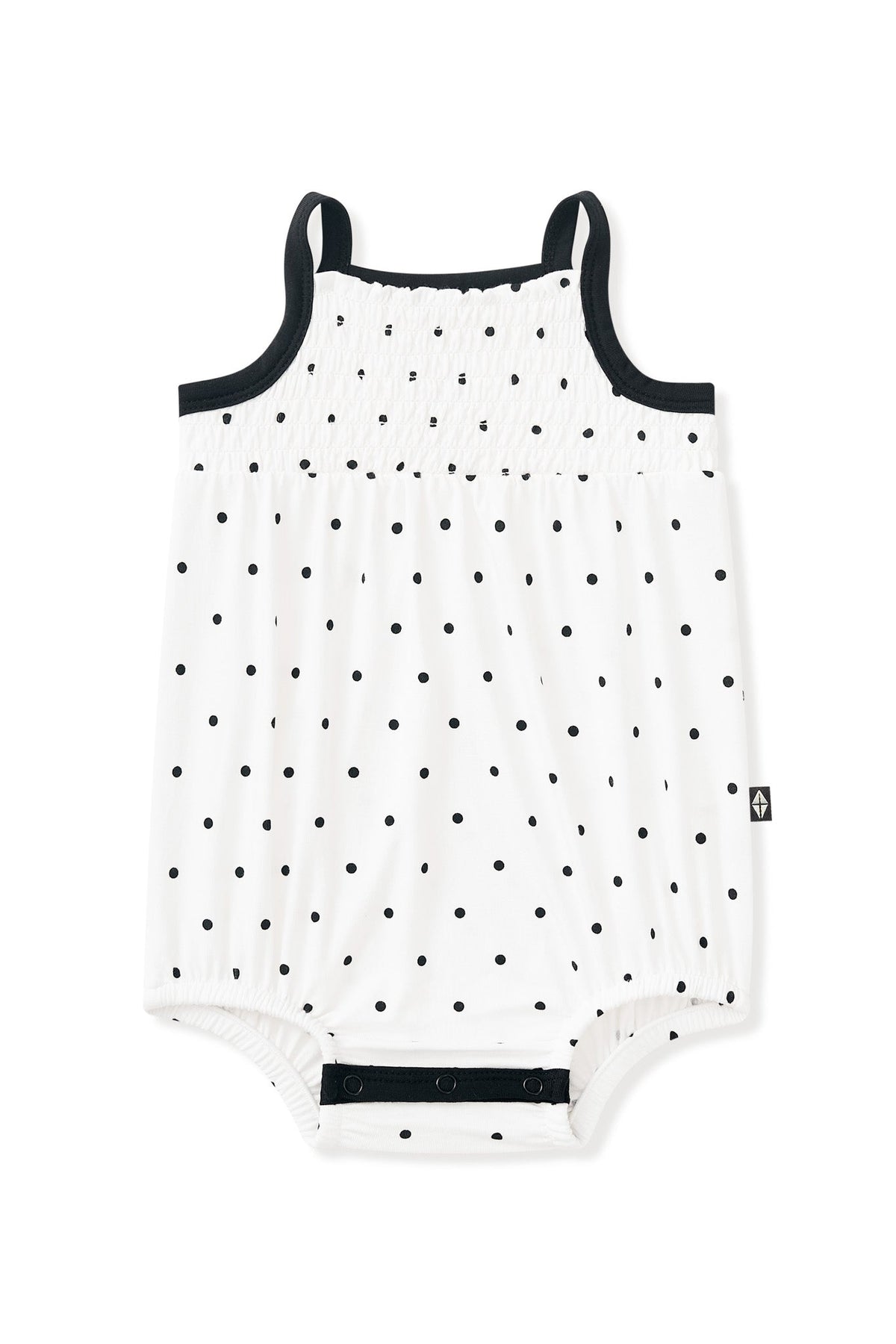 Smocked Bubble Romper in Midnight Polka Dot