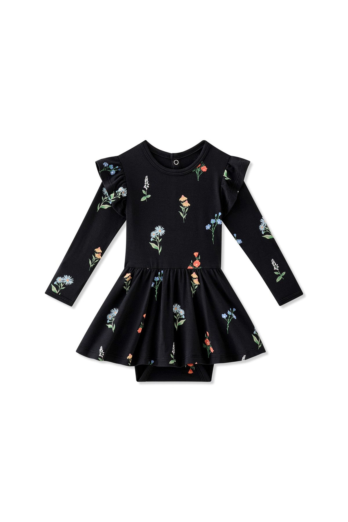 Long Sleeve Twirl Bodysuit Dress in Midnight Wildflower
