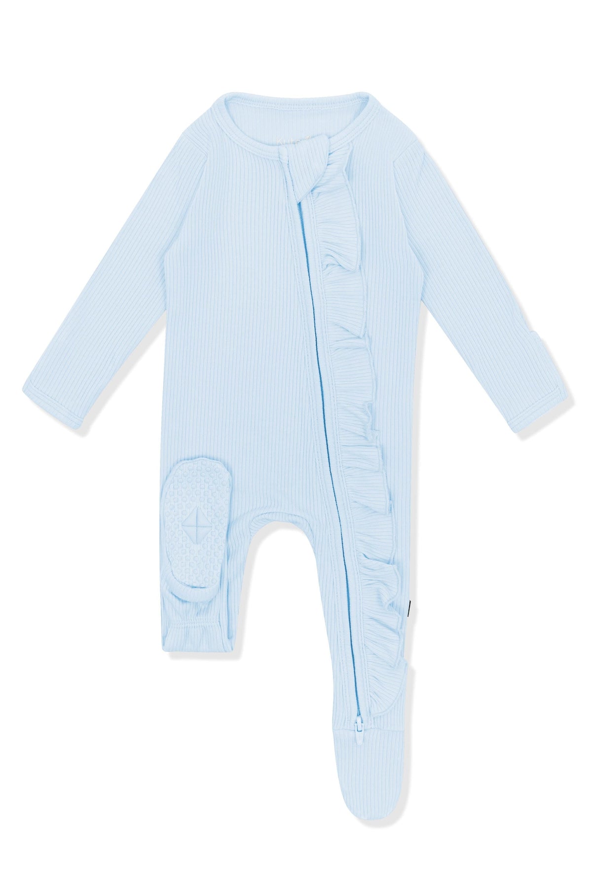 Ribbed Ruffle Zipper Footie in Breeze