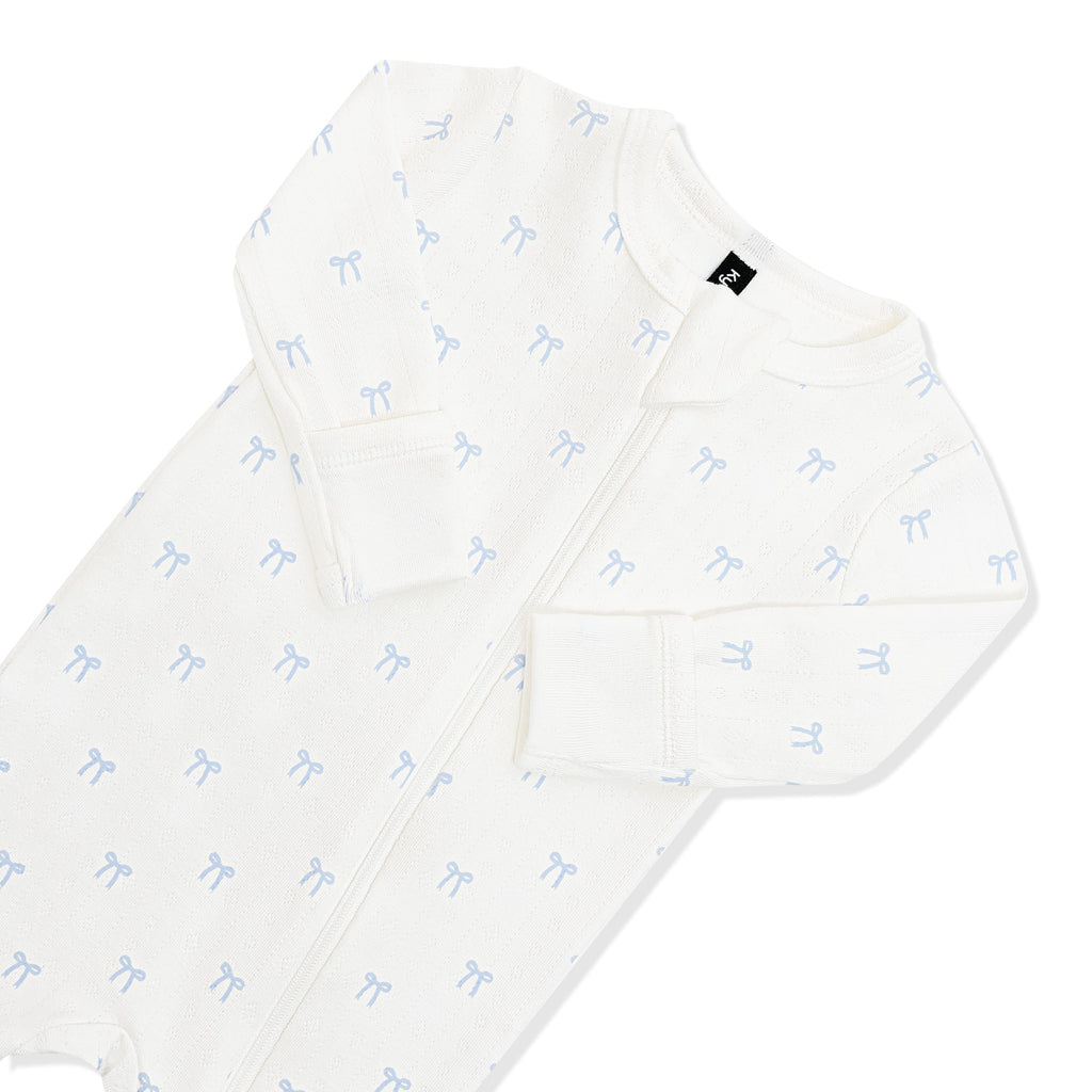 Pointelle Zippered Footie in Sweet Blue Bow