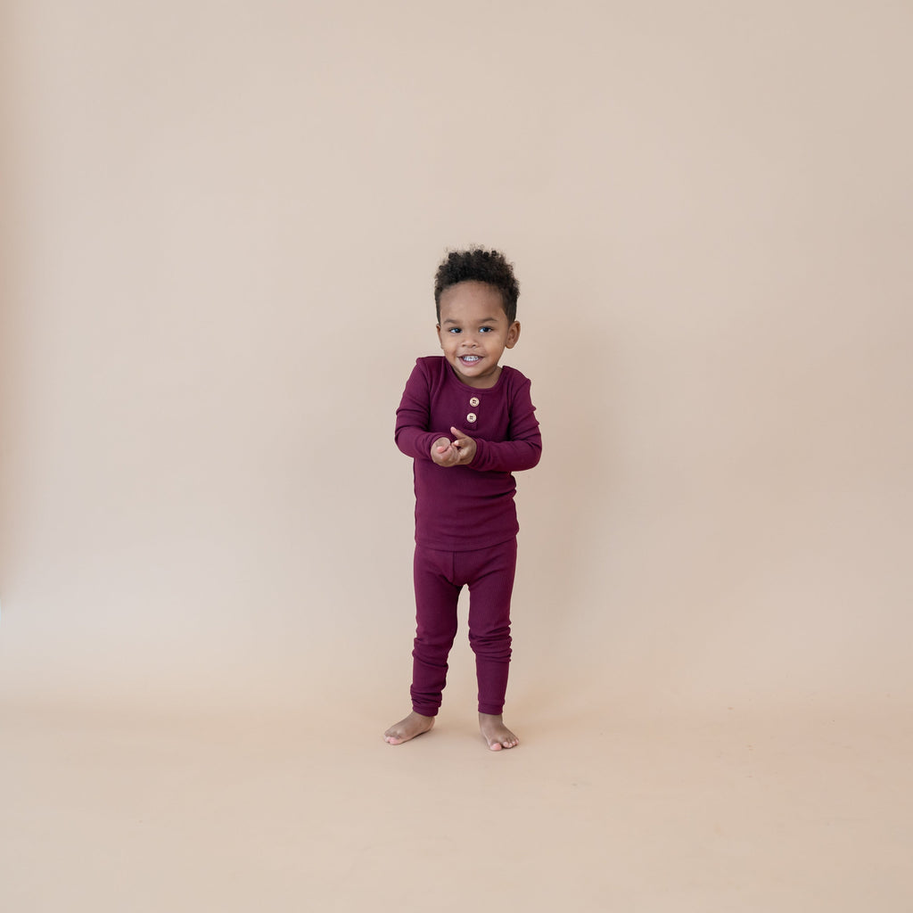 Ribbed Henley Set in Burgundy