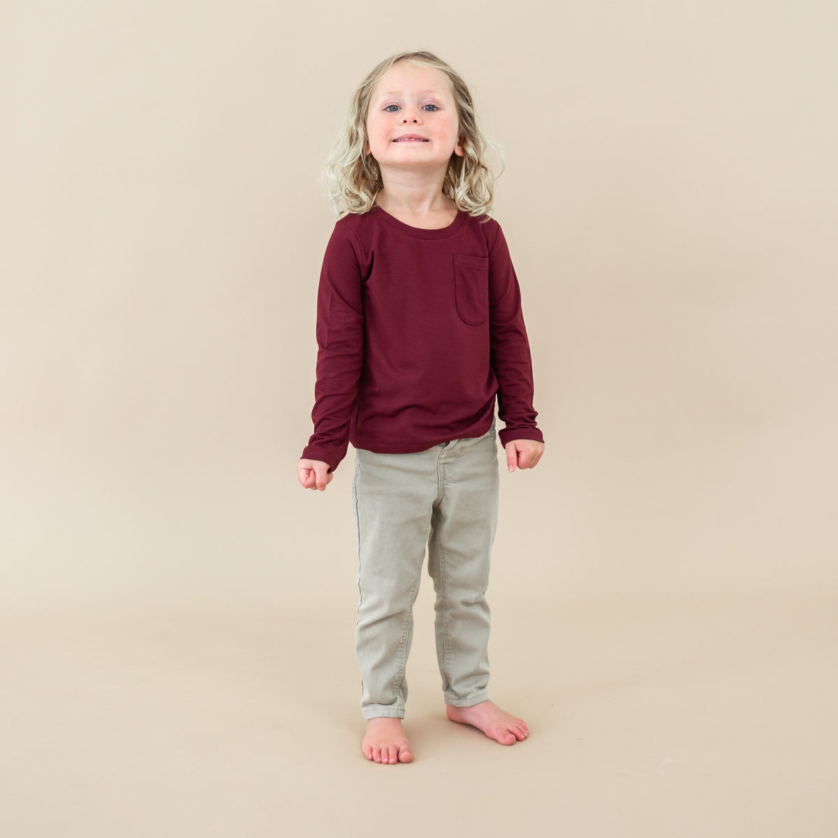 Long Sleeve Toddler Crew Neck Tee in Burgundy