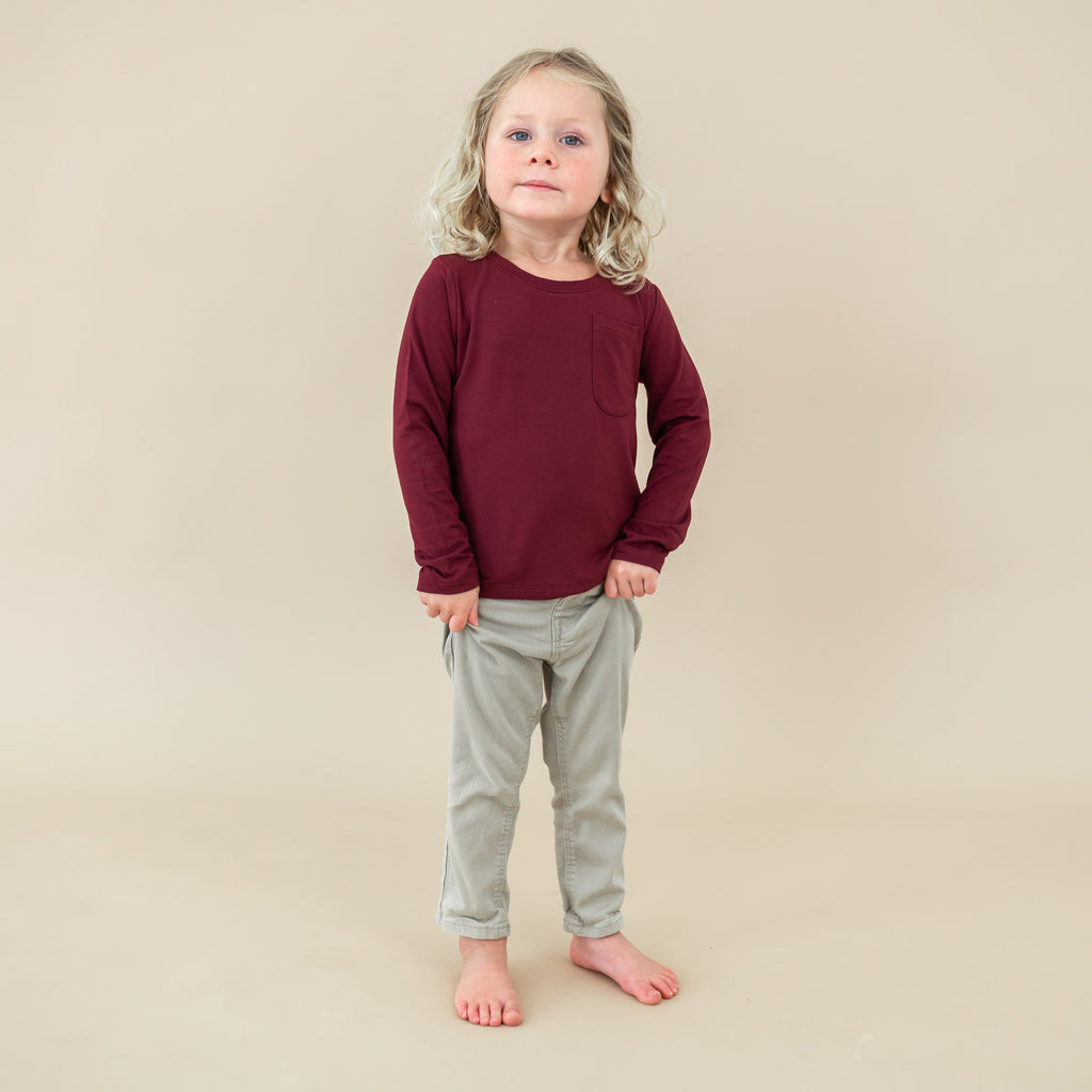 Long Sleeve Toddler Crew Neck Tee in Burgundy