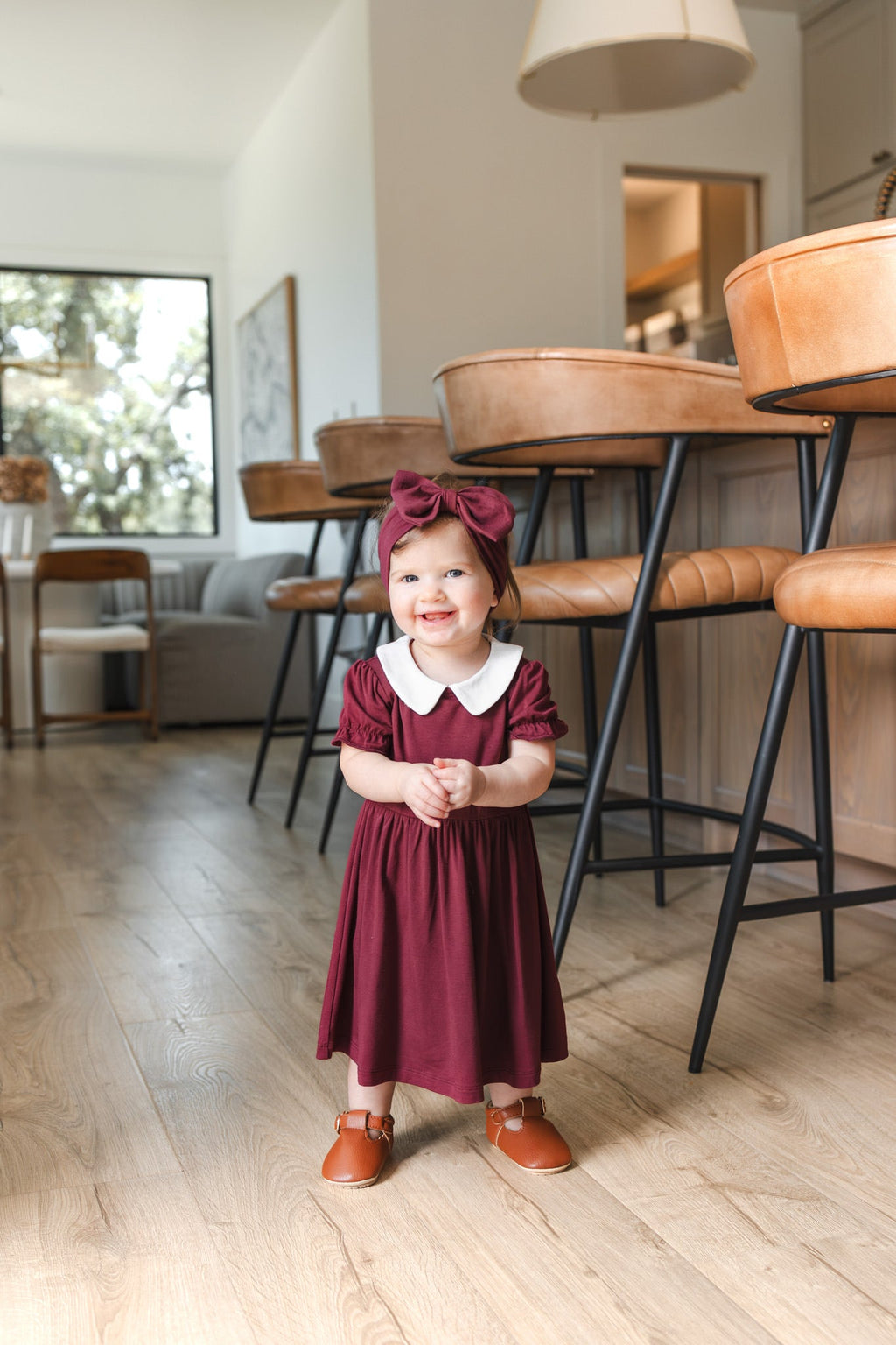 Peter Pan Collar Bodysuit Dress in Burgundy