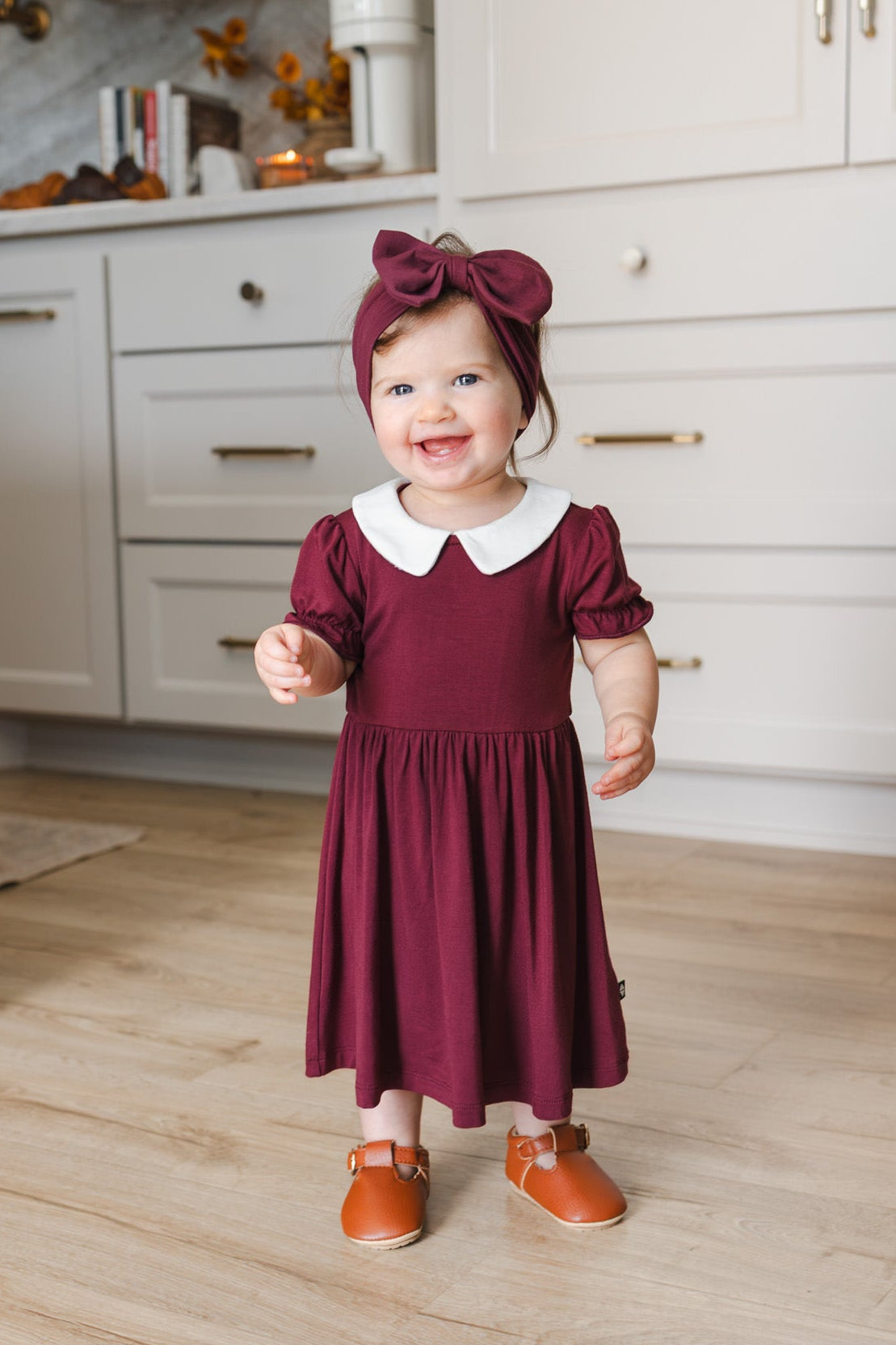 Peter Pan Collar Bodysuit Dress in Burgundy