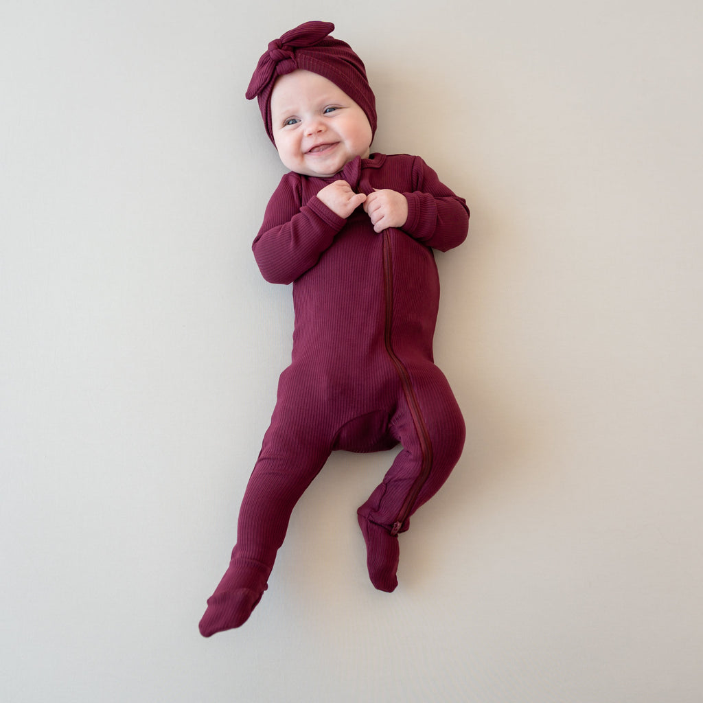 Ribbed Zipper Footie in Burgundy