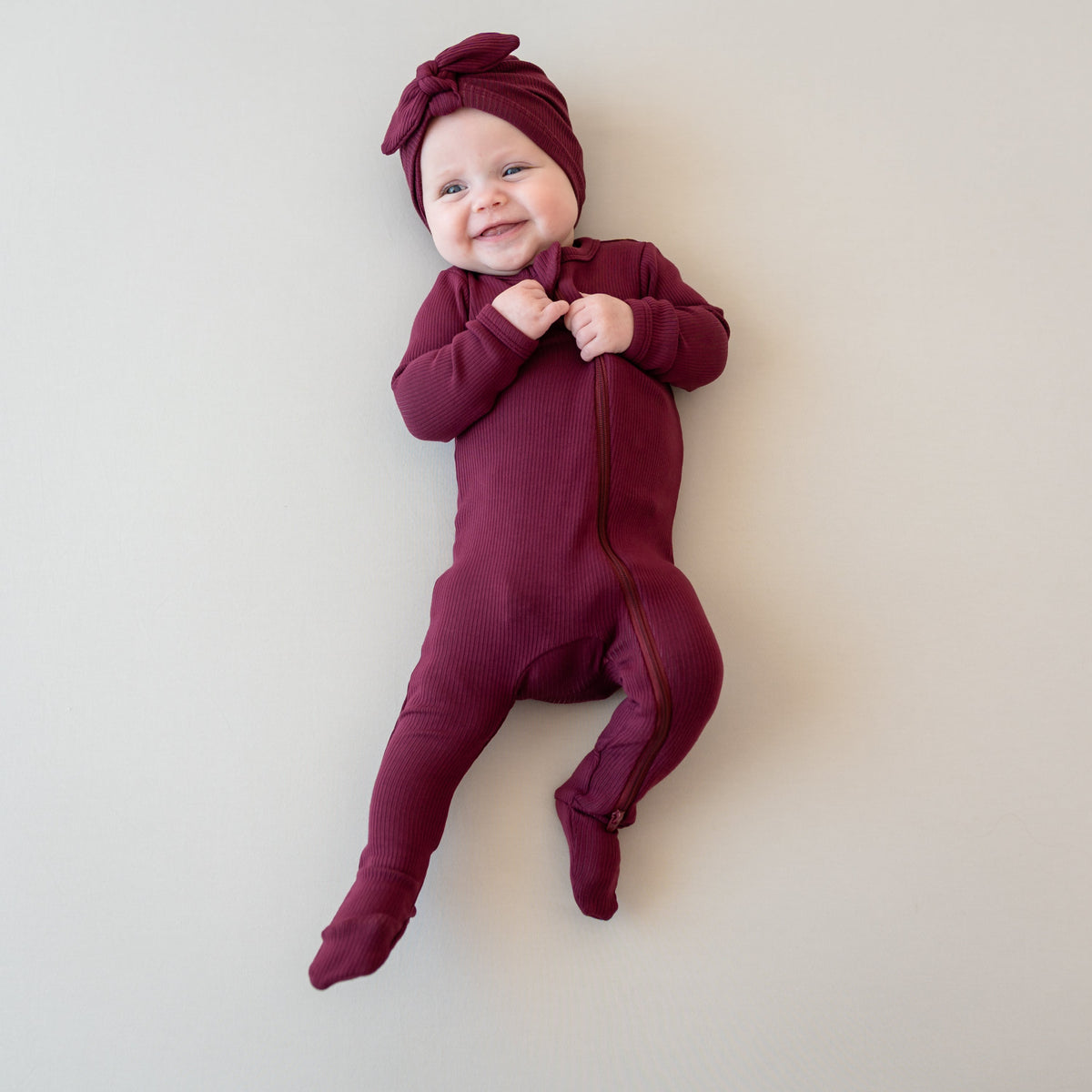Ribbed Zipper Footie in Burgundy