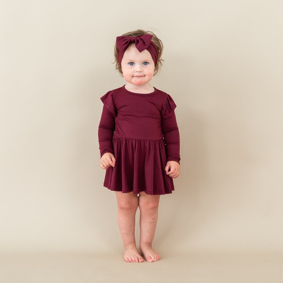 Long Sleeve Twirl Bodysuit Dress in Burgundy