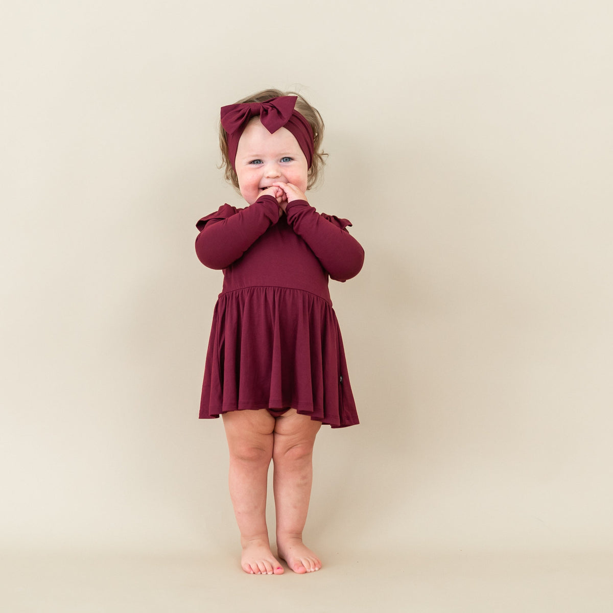 Long Sleeve Twirl Bodysuit Dress in Burgundy