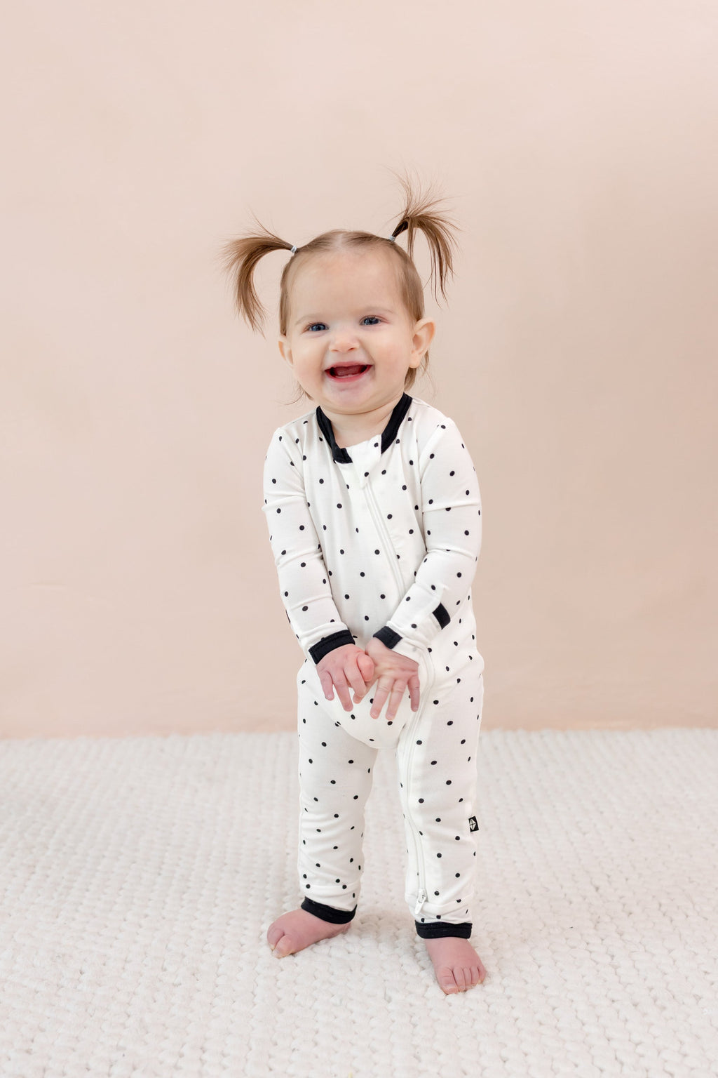 Zippered Romper in Midnight Polka Dot