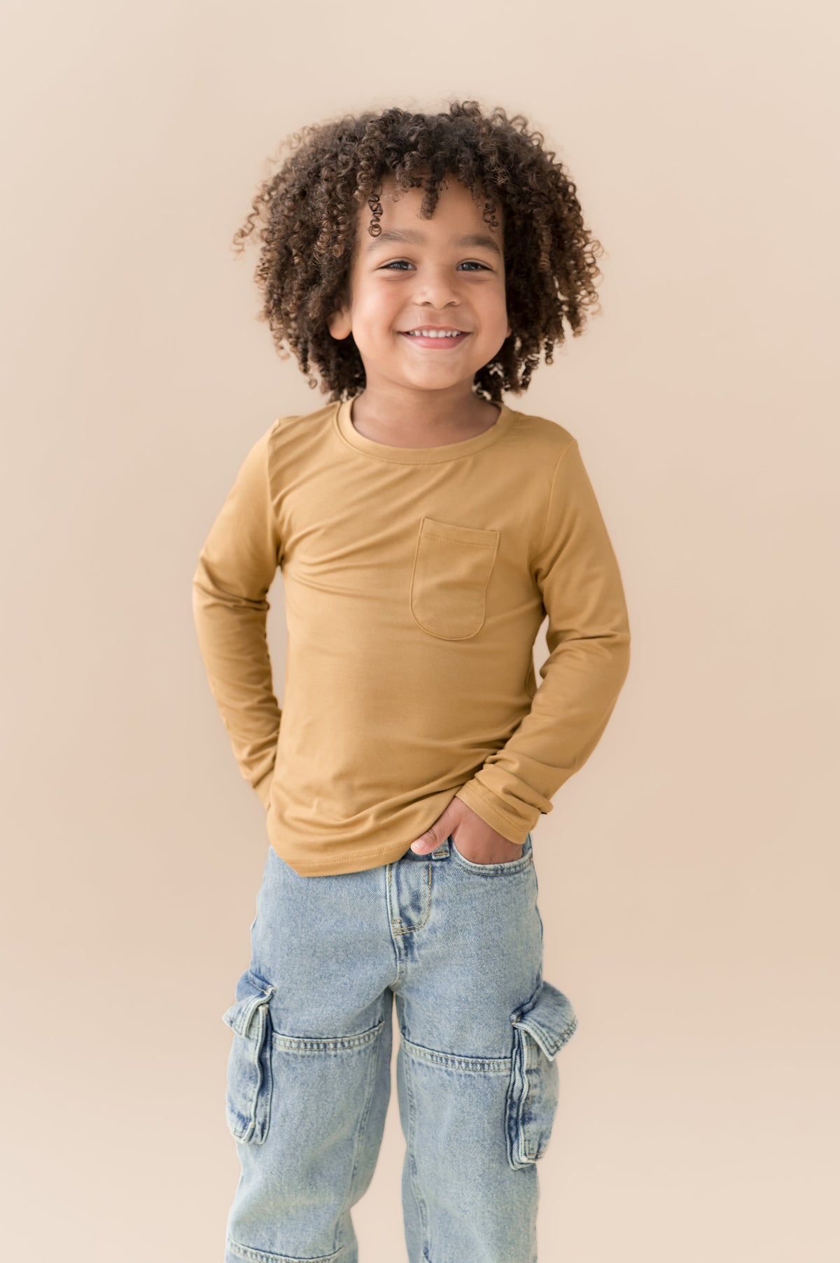 Long Sleeve Toddler Crew Neck Tee in Ochre
