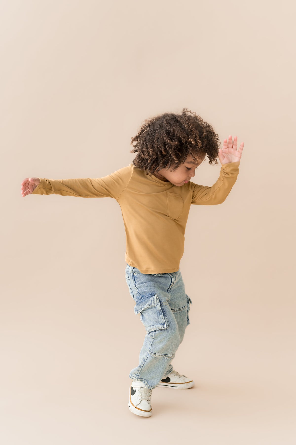 Long Sleeve Toddler Crew Neck Tee in Ochre