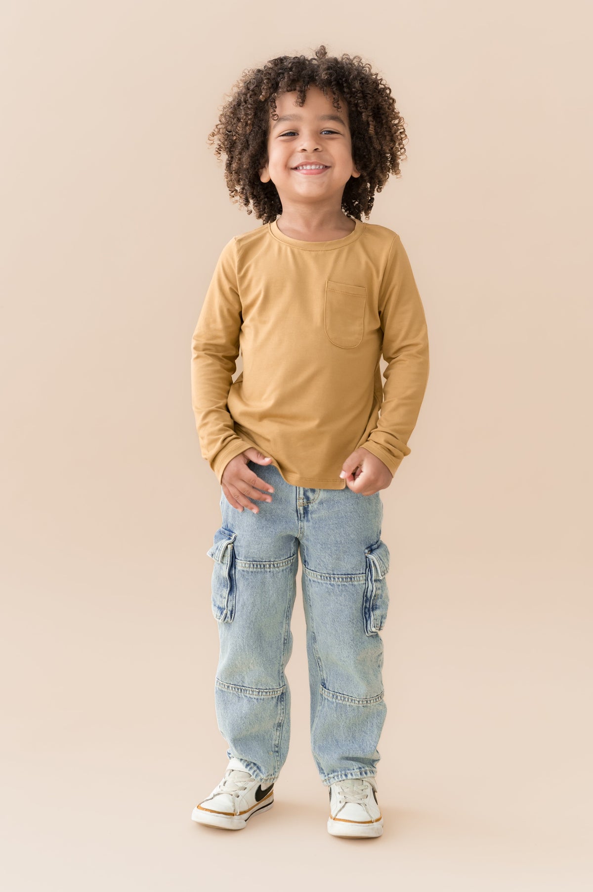 Long Sleeve Toddler Crew Neck Tee in Ochre