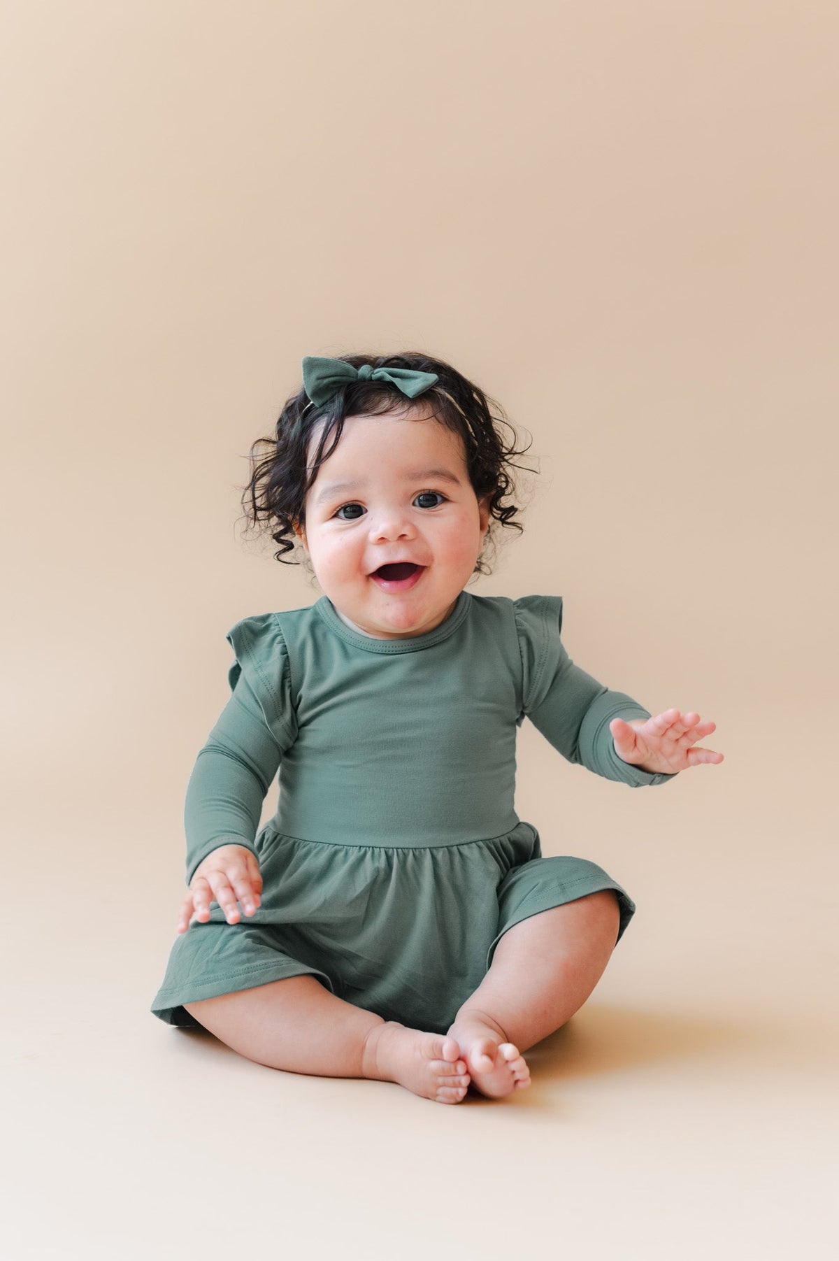Long Sleeve Twirl Bodysuit Dress in Pine