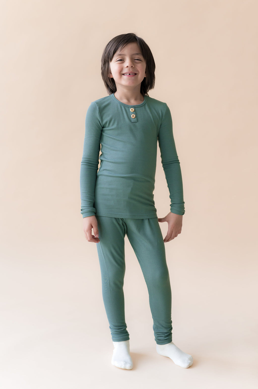 Ribbed Henley Set in Pine