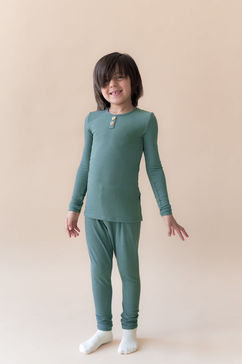 Ribbed Henley Set in Pine