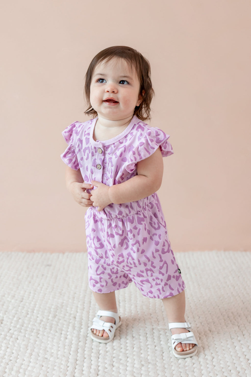 Flutter Sleeve Romper in Thistle Leopard