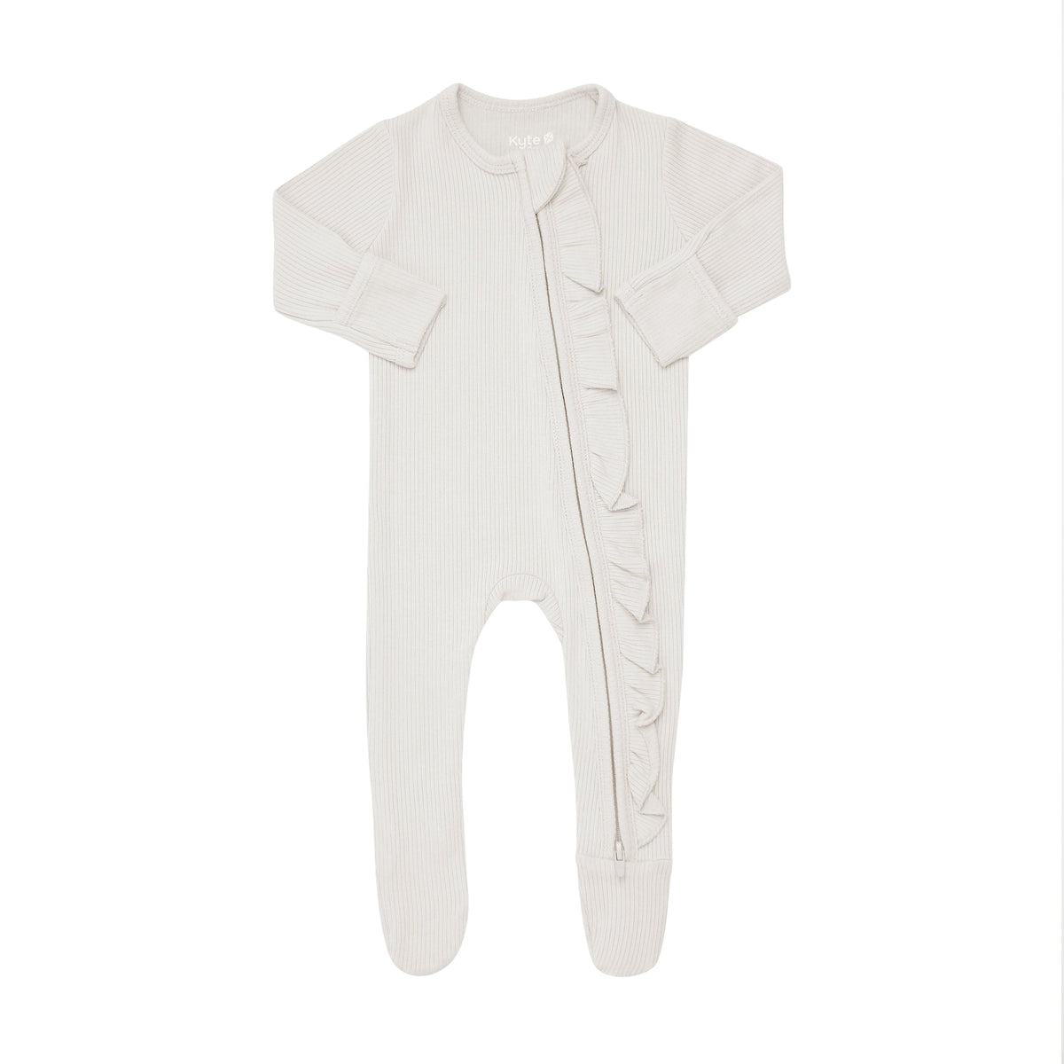 Ribbed Ruffle Zipper Footie in Oat