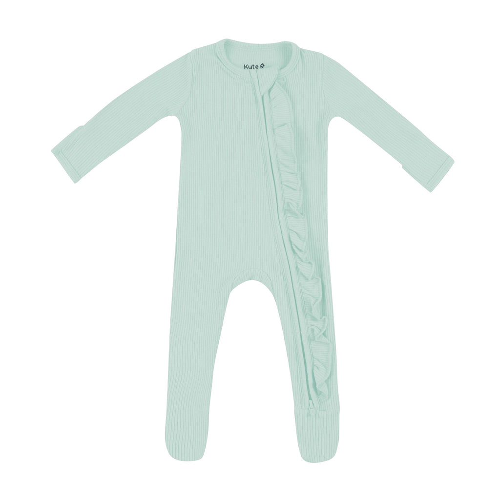 Ribbed Ruffle Zipper Footie in Sage