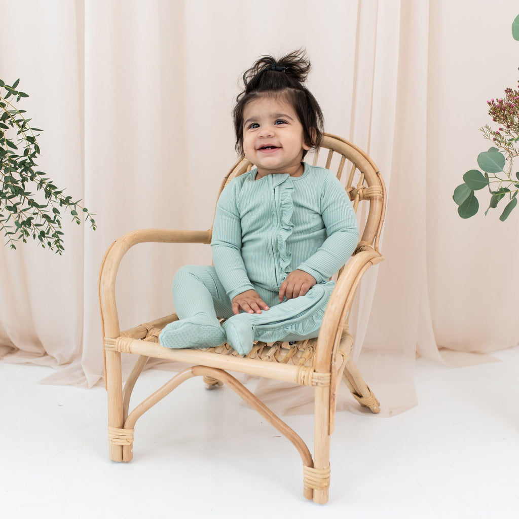 Ribbed Ruffle Zipper Footie in Sage