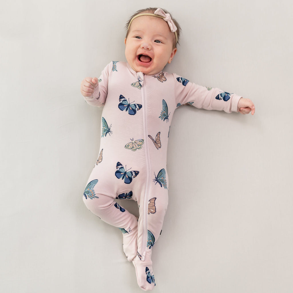 Zippered Footie in Blush Butterfly